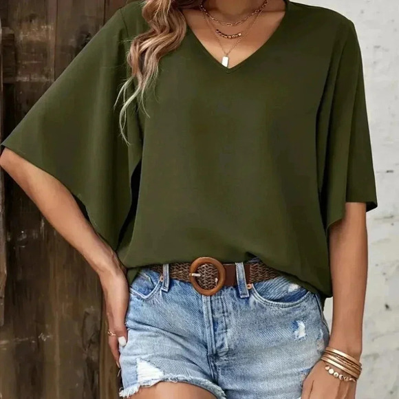 V-neck Blouse (Color: Army Green) - Picture 4 of 4